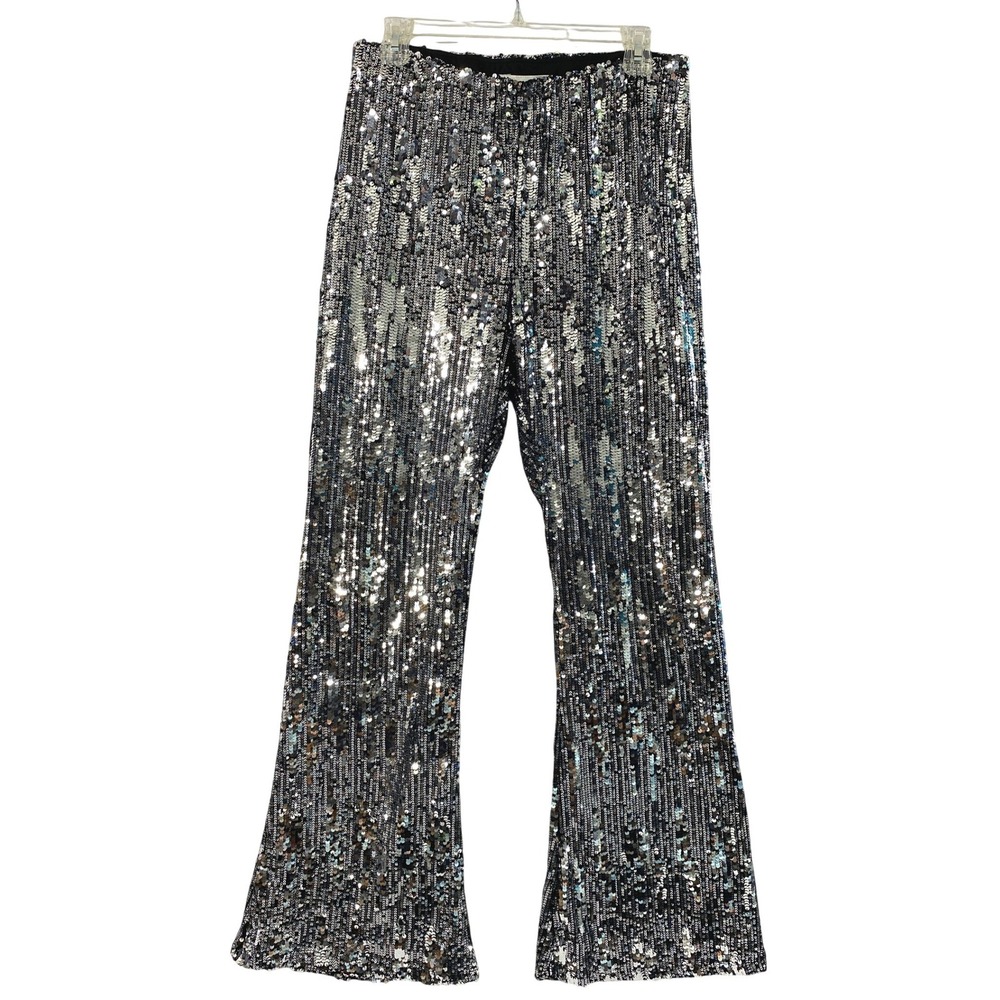 Womens Silver Sequin Sparkle Pants Size L 12-14 Flare Bell NYE Glimmer Party